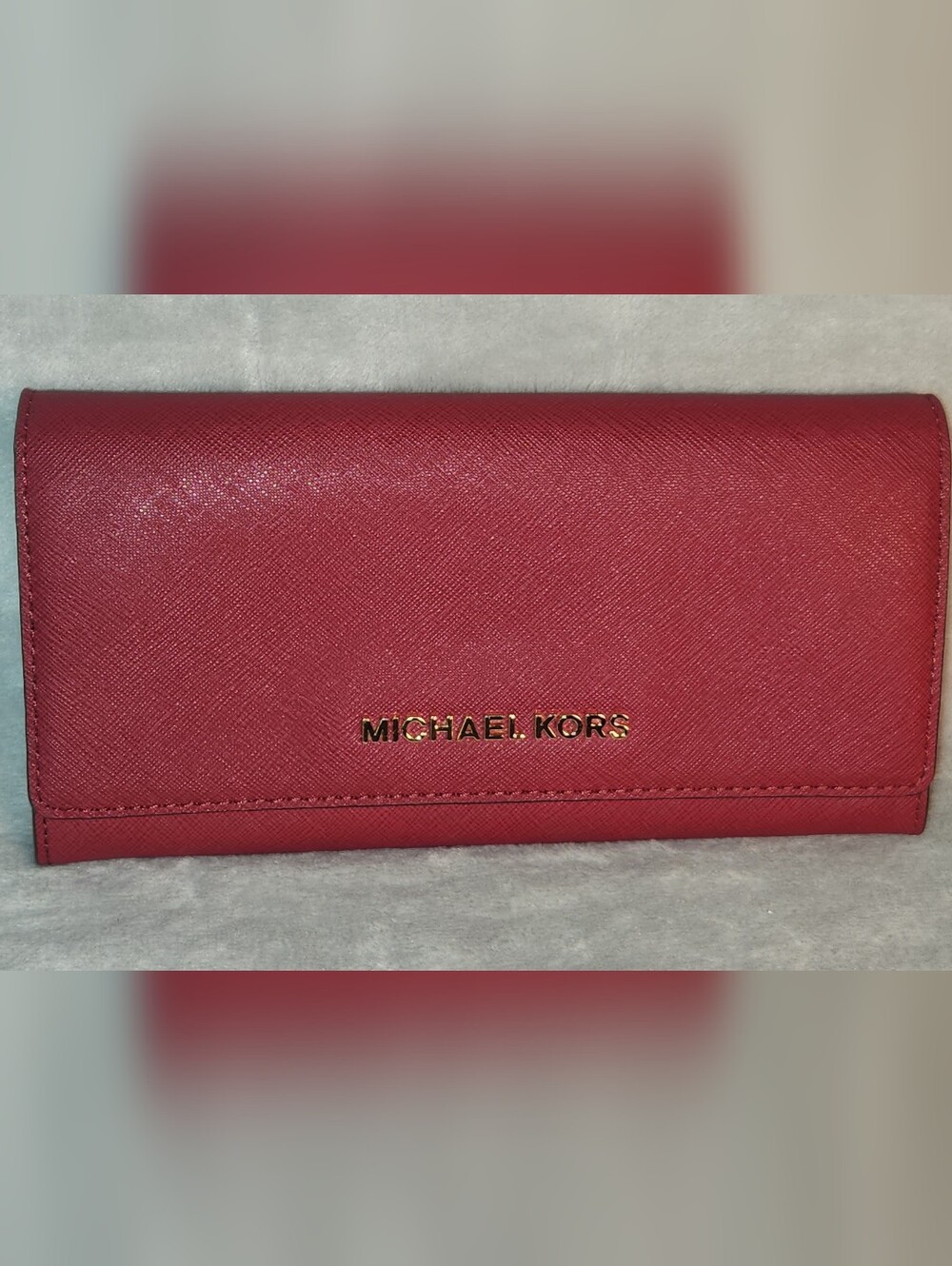 Michael Kors Red Saffiano Leather Continental Wallet Gold Logo Snap Flap New